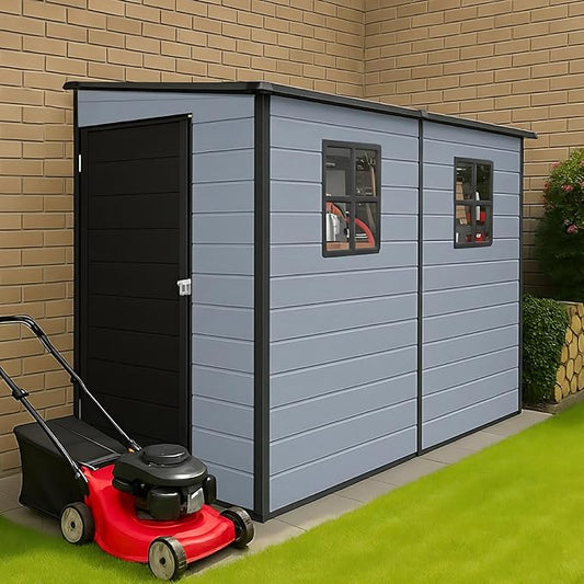 4x8 FT Lean to Shed with Floor, Resin Storage Shed & Outdoor Storage Clearance with 2 Windows, Backyard Storage Sheds for Garden Tools, Bicycle, Black+Grey