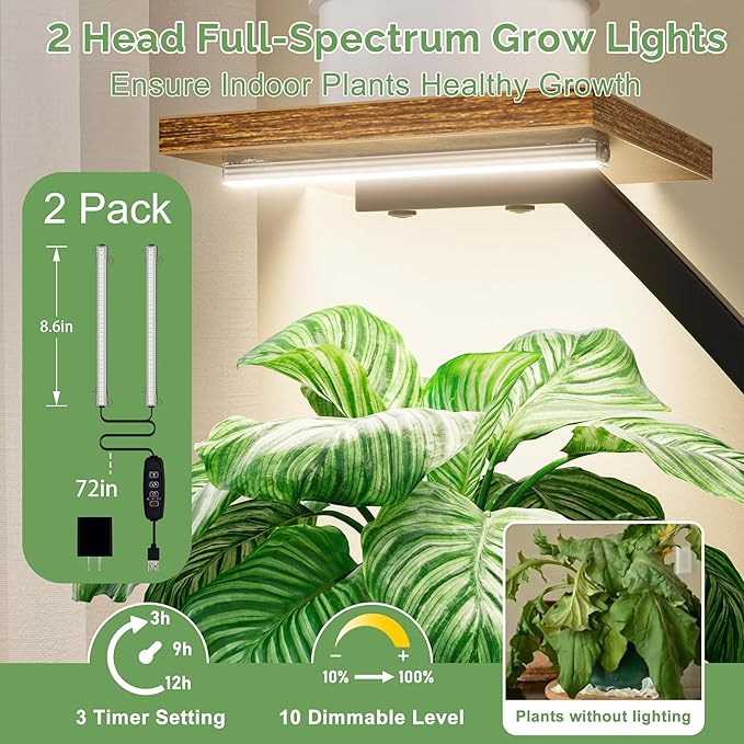 CODACE Plant Stand Indoor with Grow Lights - 2 PCS Indoor Plant Shelf, 6 Tiered Corner Plant Stands for Indoor Plants, Swan-Shaped Plant Holder, Metal Flower Display Rack for Living Room (Black)