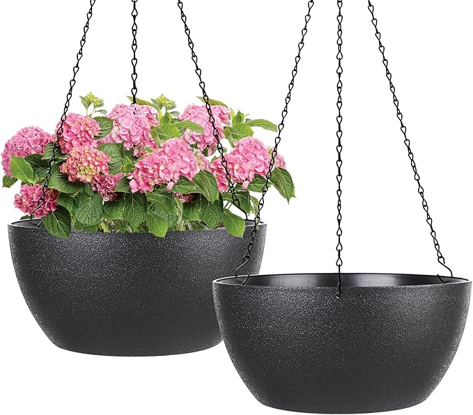 13 inch Hanging Pots with Drainage Holes and Chain, Plastic Hanging Flower Pots for Garden Home Decor, Black
