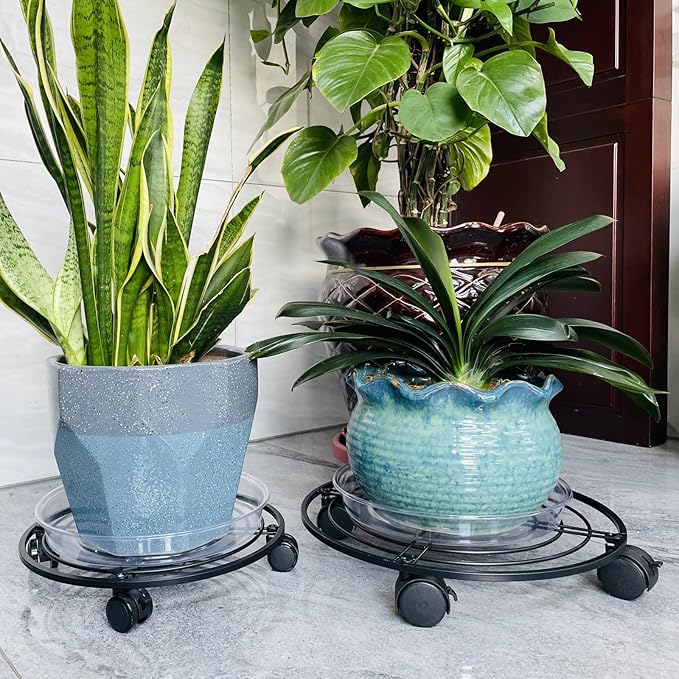 3 Packs 13.5" Metal Plant Caddy with Wheels Large Rolling Plant Stands Indoor Wheeled Plant Dolly Heavy-duty Planter Mover Roller Base Outdoor Plant Trolley Cart Water-proof, Plant Saucers on Wheels