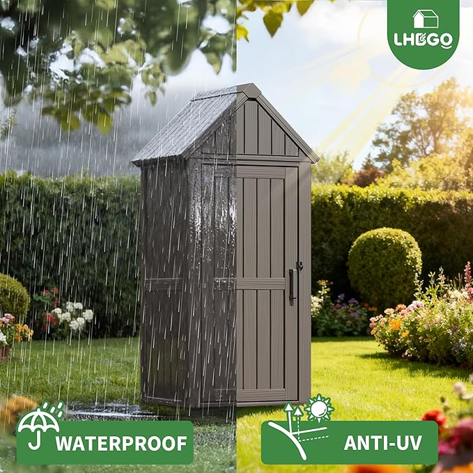 Outdoor Storage Shed with Door & Shelf, Large Capacity Weatherproof Garden Tool Cabinet with Multiple Hooks for Backyard, Patio, Lawn（Gray
