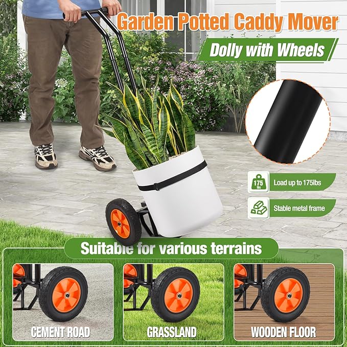 Plant Caddy with Wheels, Heavy Duty Plant Dolly Cart with Adjustable Grabbing Arm and Suction Cups for Plant Pots, Garden Pot Mover Trolley Cart with Strap, Ideal for Indoor and Outdoor Use, Black
