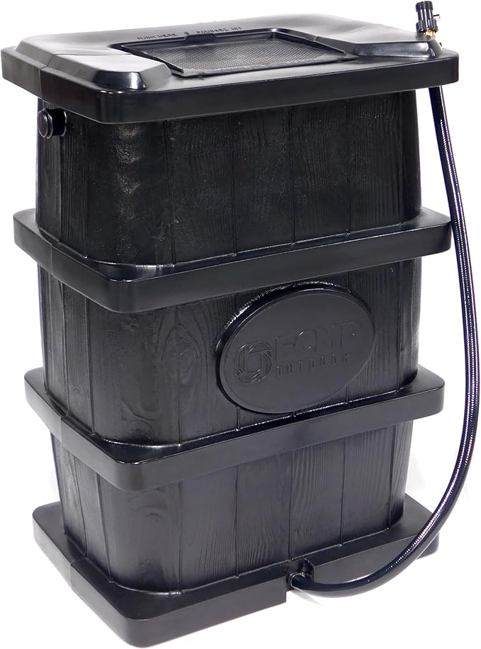 FCMP Outdoor Slim Line Design 45-Gallon Wood Grain Outdoor Home Rain Water Catcher Barrel Flat Back Container with Spigots and Mesh Screen, Black