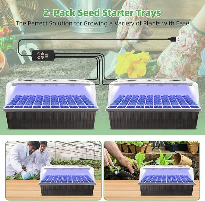 Seed Starter Tray with Grow Light, 2 Pack 120 Cells Seedling Tray Kit with 3-in-1 Soil Moisture Meter, Indoor Seedling Starter Tray for Plant Germination, Seeds Growing