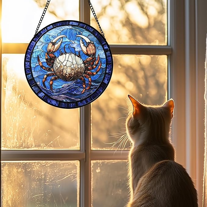 Stained Glass Window Hanging 4 Pcs Set Blue Ocean Waves 6.3" - Starfish Crab Seal Suncatcher Door Garden Sun Catcher Decor Birthday for Mom Woman Nana Men Friend