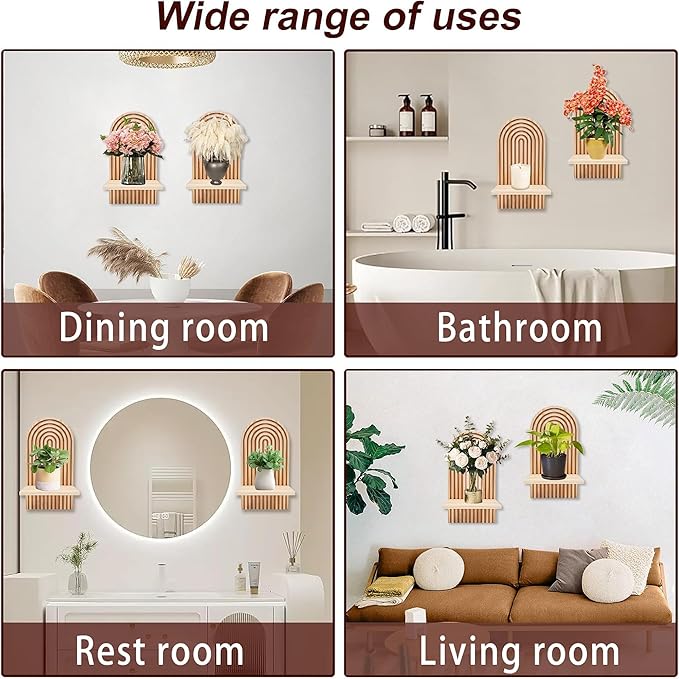 Boho Wall Shelf Set of 2-15 x 8.6 Inch Arched Wooden Hanging Shelves for Living Room & Bedroom - Mid-Century Modern Bohemian Wall Decor (Natural Wood Finish)