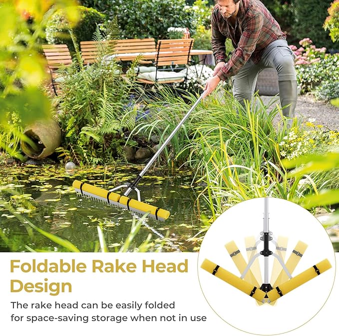 Goplus Floating Weed Lake Rake, 36" Aluminum Multifunctional Detachable Landscape Rake with Extension Handle, 20 FT Rope and Float, Weed & Algae Removal of Leaves, Floating Scum, Aquatic