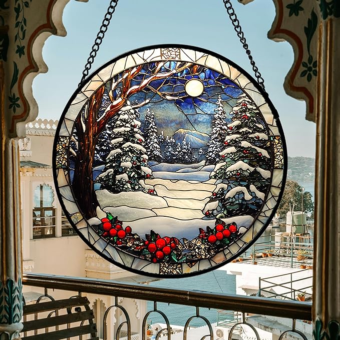 Stained Glass Window Hanging Christmas Tree Winter Snow Night Scenery 7.8" - Suncatcher Door Garden Kitchen Sun Catcher Home Decor Birthday for Mom Men Woman Friend