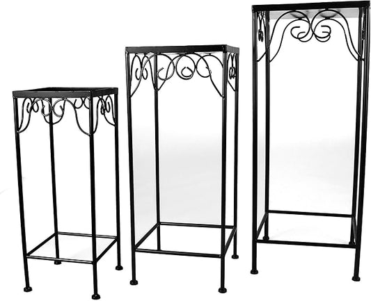 Milltown Merchants™ Plant Stands - Set of 3 Metal Plant Stands - Indoor/Outdoor Nesting Wrought Iron End Tables - Square Black Flower Stands