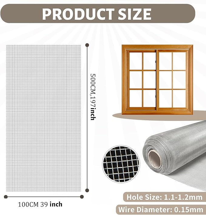 KISKIS 304 Stainless Steel Woven Wire 20 Mesh Air Vent Window Screen,Filter Mesh Roll Metal Screen Fine Mesh, Easy to Cut Sturdy for Door Patio Cover, Cage Garden,100X500CM39X197INCH