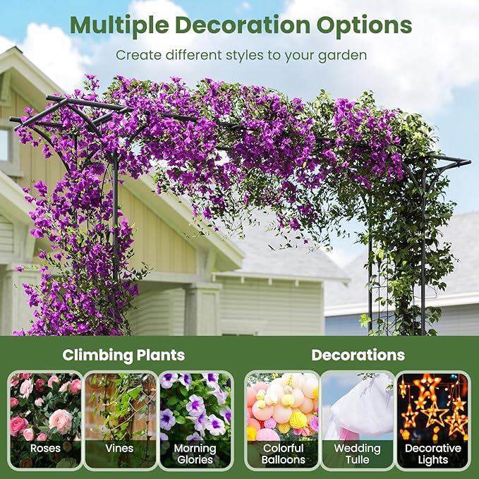 Giantex Metal Garden Arbor with Trellis, 81" Outdoor Arch for Climbing Plants, Heavy-Duty Rust-Resistant Steel Archway with 4 Stakes for Garden, Wedding, Party, and Yard Decoration, Black