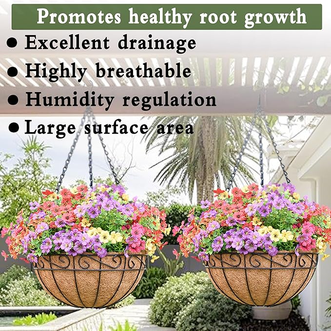 14 Inch Hanging Planters (4 Pack) - Round Metal Baskets with Cocoa Liners for Indoor/Outdoor Gardens, Porch & Patio Decor（HB）