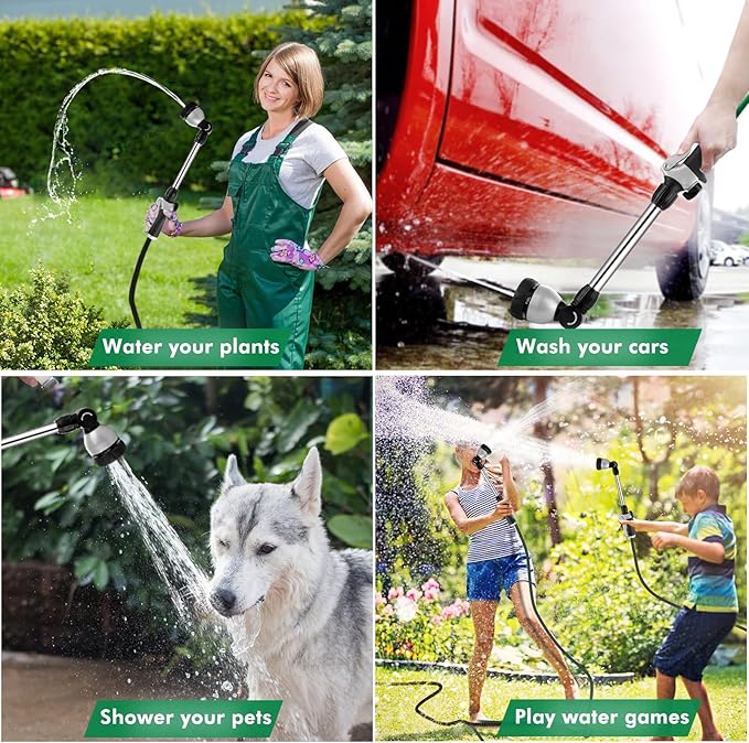 RESTMO Metal Watering Wand, Heavy Duty Garden Hose Wand with 180° Swivel Ratcheting Head, 16'' Hose Nozzle Sprayer with 7 Spray Patterns and Flow Control, for Water Hanging Baskets and Shrubs, Black