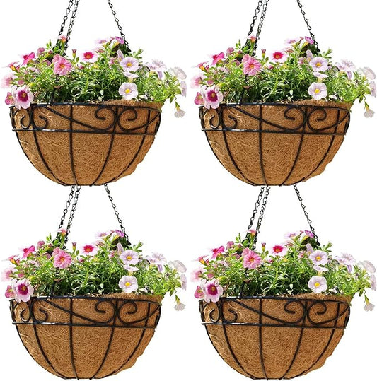 14 Inch Hanging Planters (4 Pack) - Round Metal Baskets with Cocoa Liners for Indoor/Outdoor Gardens, Porch & Patio Decor（HB）