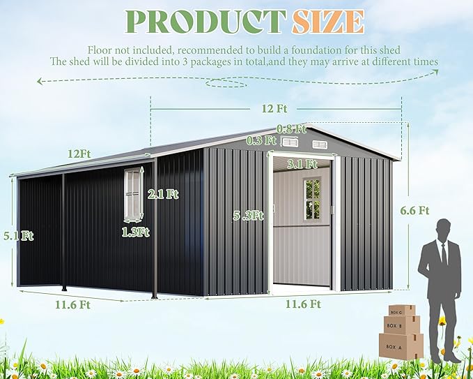 AMERLIFE 12x12x6.6 FT Galvanized Metal Storage Shed with Open Firewood Bay, Sliding Doors & Ramp, 2 Windows & Vents, Weather-Resistant Outdoor Tool/Garden Shed, Dark Grey/White