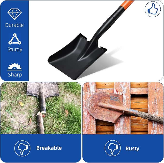 Small Square Shovel for Digging with Metal Handle, 43.3 Inch Heavy Duty Small Shovel, Trench Shovels Ideal for Digging Gardening Trenching Camping Planting Transferring, Orange