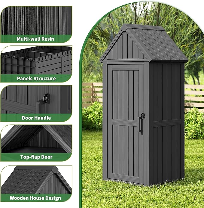 Outdoor Storage Shed with Door & Shelf, Large Capacity Weatherproof Garden Tool Cabinet with Multiple Hooks for Backyard, Patio, Lawn（Black