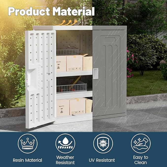 Amopatio Outdoor Storage Cabinet with 2 Shelves, Resin Storage Cabinet Waterproof Plastic Storage Shed - Outdoor Patio Tools, 19.7" D x 29.5" W x35.4 H, Gray