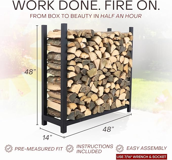 Woodhaven 4-Foot Firewood Rack – Made in USA – 1/4 Cord Raised Lumber Storage Rack – Keeps Wood Dry & Ready – Heavy-Duty Steel, Lifetime Structural Warranty (Without Cover)