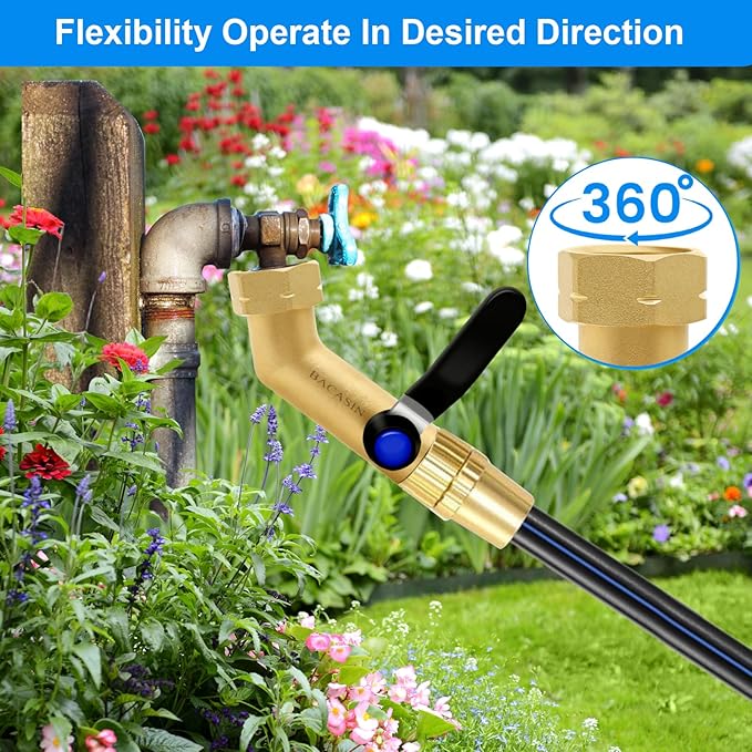 135° Full Flow Heavy Duty Brass Garden Hose Shutoff Valve with 304 Stainless Steel Extended Handle, 3/4-Inch Leak-Free Elbow Connector for Outdoor Faucets, RV Spigots, and Hose Extenders