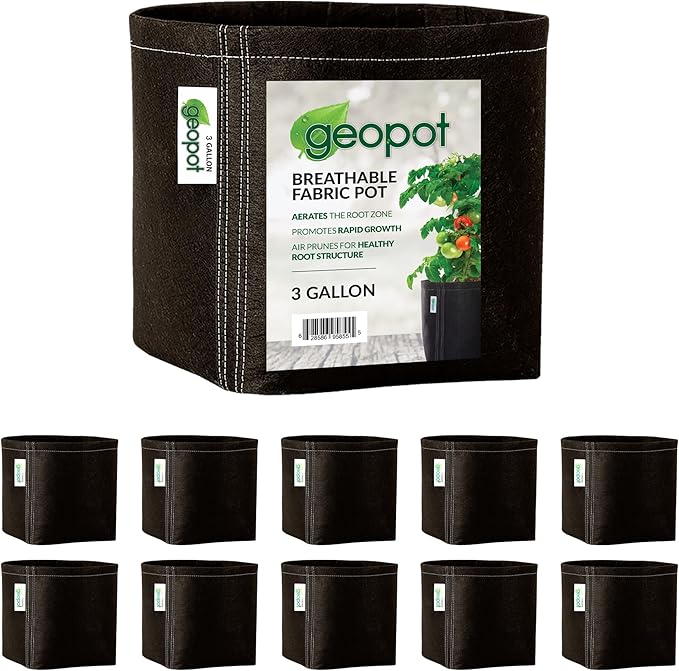 GeoPot 3 Gallon Fabric Grow Bags - 10 Pack - Black - Indoor/Outdoor - Aerated Fabric Pots for Vegetables, Herbs, Flowers & Houseplants
