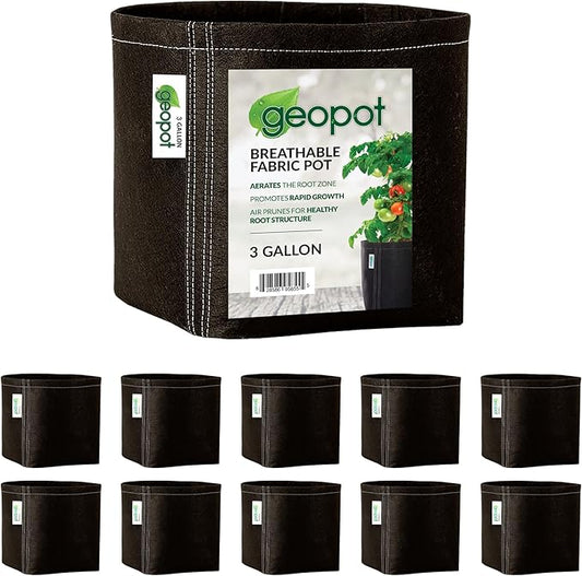 GeoPot 3 Gallon Fabric Grow Bags - 10 Pack - Black - Indoor/Outdoor - Aerated Fabric Pots for Vegetables, Herbs, Flowers & Houseplants