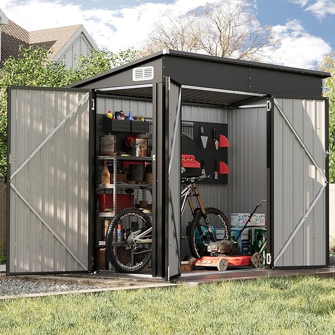 Aoxun 7.5'x4' Triple Door Shed Outdoor Storage Shed with Three Lockable Door for Easily Accessing Metal Storage Cabinet with Slopping Roof for Tools Bicycles Storage for Garden, Backyards (Black)