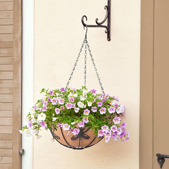 Hanging Baskets Planter for Plants, 2 Pack 12 Inch Round Metal Wire Hanging Flower Pots with Coco Coir Liner Chain, Plant Holder for Home Garden Balcony Decor