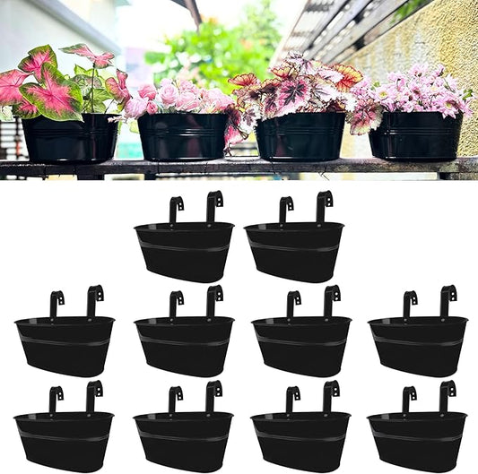 LaLaGreen Rail Planter Outdoor Plants(11.8 Inch, 10 Pack) Black Metal Iron Hanging Flower Pots Deck Railings Fence Buckets Modern Countryside Boho Style Wall Mount Window Box Plant Holder Porch Decor