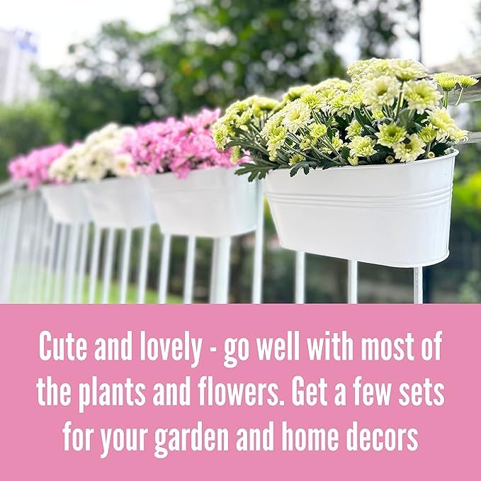 LaLaGreen Rail Planter Outdoor Plants (12 Pack, 11.8 Inch) White Metal Iron Hanging Flower Pots Deck Railings Fence Buckets Modern Countryside Boho Style Wall Mount Window Box Holder Hooks Porch Decor