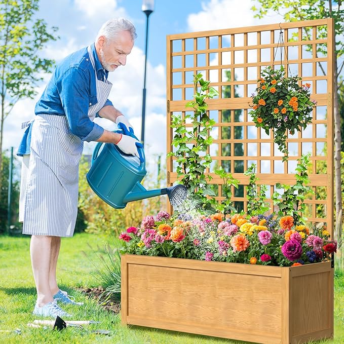 SUNYRISY Raised Garden Bed with Trellis, Wooden Vertical Planter Box with Privacy Screen Outdoor for Climbing Plant Vine Flowers Vegetables, Planter with Hanging Roof and Drainage Holes