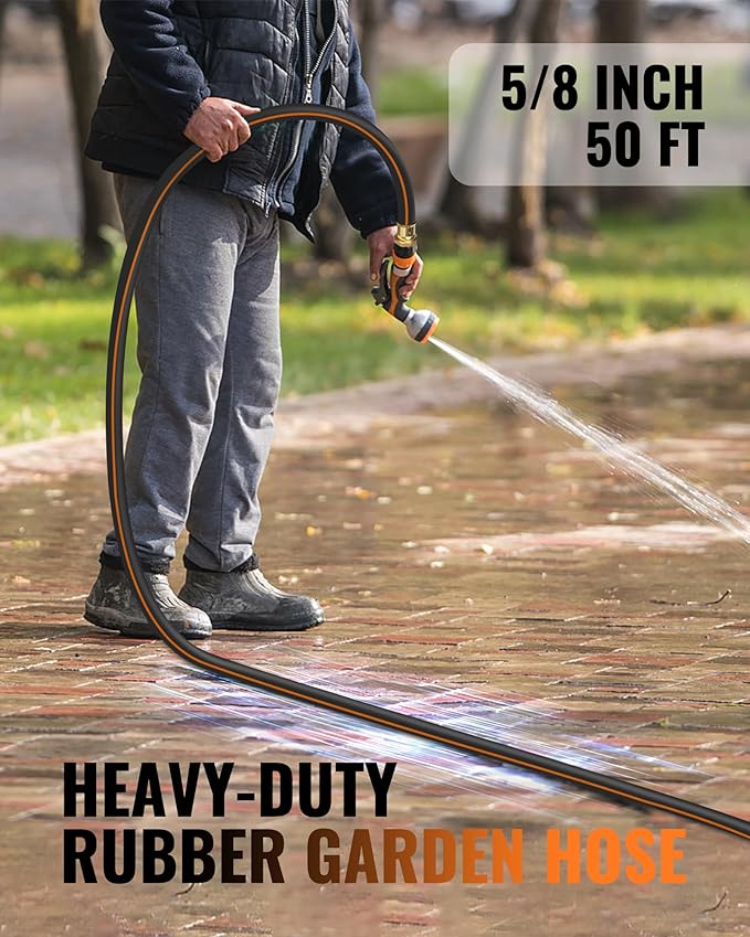 50FT x 5/8" Rubber Rubber Garden Hose, Heavy Duty Garden Water Hose, 300 PSI Working, 1000 PSI Burst, Swivel Handle with Stainless Steel Ring, 5-Layer Braided, All-Weather Outdoor Use
