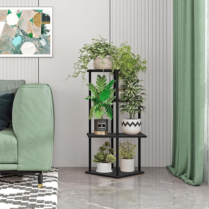 Plant Stand Indoor, 4-Tier Modern Plant Shelf for Multiple Plants, Wood Metal Flower Holder for Living Room Balcony Bedroom, Black