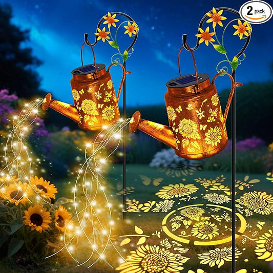 VOOKRY 2 Pack Sunflower Metal Solar Watering Can Lights, Solar Lights Outdoor Waterproof, Birthday Gifts for Women Mom Grandma Christmas, Hanging Lanterns Garden Decor for Outside Yard Patio Lawn