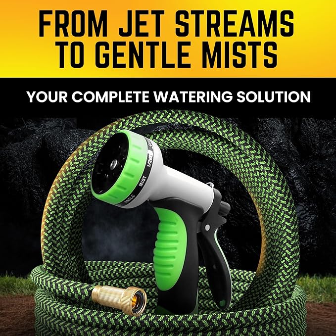 PowerFlow Garden Hose, NON-EXPANDABLE 25 Feet Premium Quality Stainless Steel Metal Water Hose with Durable Fabric Skin, Hose For Commercial, Residential Use, Bonus 10-way Spray Nozzle (25 Ft, Green)