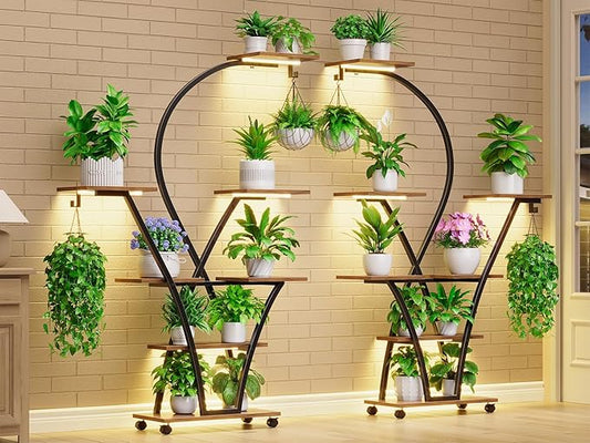 Itaar Plant Stand Indoor with Grow Light, 2-Pack 64" Tall Plant Shelf, 7 Tiered Corner Plant Stand with Wheels, Large Plant Rack Display Shelves, Curved Plant Holder for Living Room, Rustic Brown