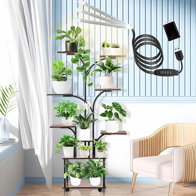 Plant Stand with Grow Light, Plant Shelf with Grow Light, 8-Tiered Metal Plsnt Shelf with Full-Spectrum Grow Lights and 4 Wheels for Multiple Indoor Plants