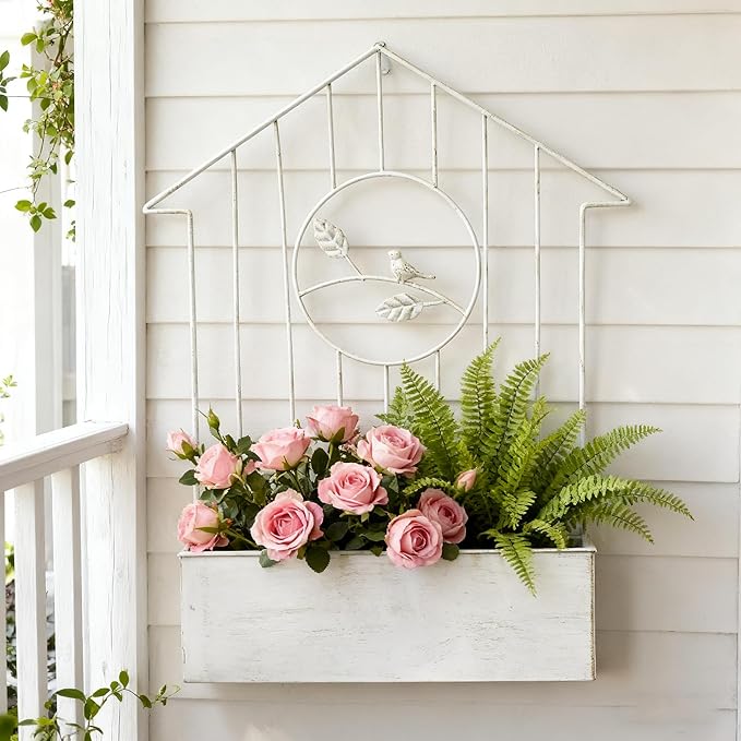 Vintage White Metal Wall Planter, Rustic Farmhouse Hanging Planter for Indoor Outdoor Use, Decorative Wall-Mounted Flower Pot for Succulents, Herbs, Home & Garden Decor