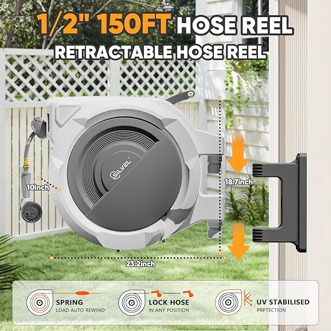 SILVEL Retractable Garden Hose Reel – 1/2 in x 150FT Heavy Duty Automatic Hose Reel Wall Mounted, Upgraded UV Resistant with 10 Pattern Nozzle, Any Length Lock & Slow Return System, 180°Swivel Bracket