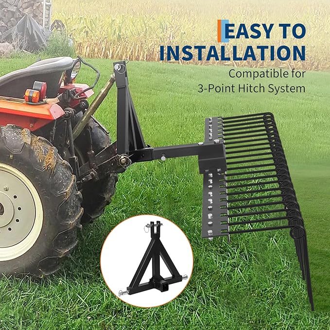 60" 3-Point Tractor Landscape Rake, Pine Straw & Yard Waste Cleaner, Cat 0/1 Hitch Compatible, Powder Coated Steel Blades, Orange
