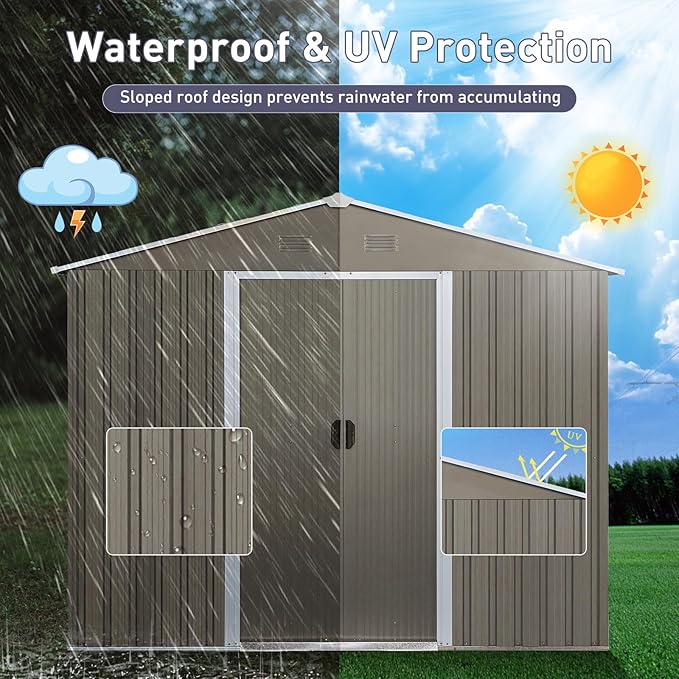 Favfurish 10×8FT Outdoor Metal Storage Shed Large Garden Sheds with Floor Base & Window,Sliding Doors and Padlock for Garden,Backyard,Lawn,Easy to Assemble,Grey