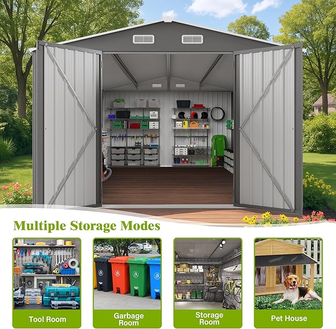 10x14 FT Outdoor Storage Shed,Metal Shed W/ 3 Lockable Doors & Window,Garden Tool House W/ 4 Air Vents & Sloped Roof,All Weather Waterproof for Backyard,Patio,Lawn,Grey