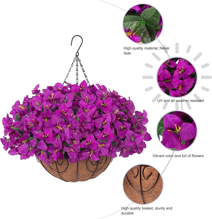 Artificial Fake Hanging Flowers Plants Basket for Outdoors Spring Summer Decor, Faux Silk Bougainvillea in Planter Look Real UV Resistant Faux Flower for Outside Porch Patio Garden Home Decor, Purple