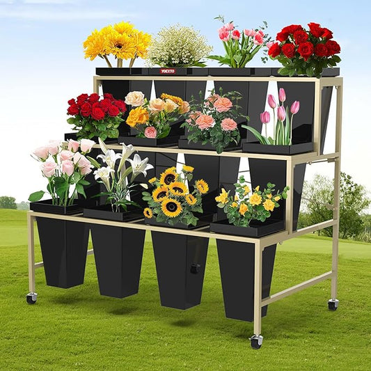 Flower Display Stand 3 Layers with Buckets, 12 PCS Buckets Plant Stand with Wheels, Movable Metal Plant Stand for Terrace Garden, Living Room, Florist Shop