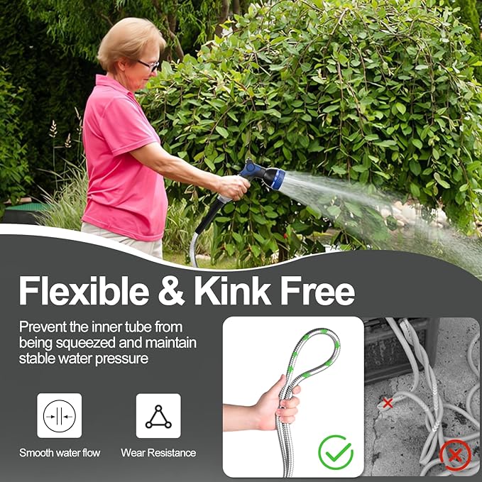 SPECILITE 50ft 304 Stainless Steel Garden Hose Metal, Heavy Duty Water Pipe with Nozzles for Yard, Outdoor - Flexible, Never Kink & Tangle, Puncture Resistant (Sliver)