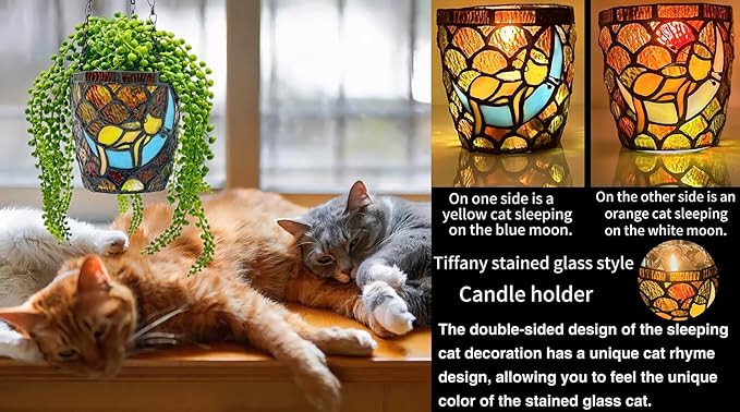 Stained Glass Hanging Cat Planter Pot, Orange Sleeping Cat Small Hanging Plant Pots Indoor, Blue Moon Flower Pot Plant Gifts4.7x4.5 in