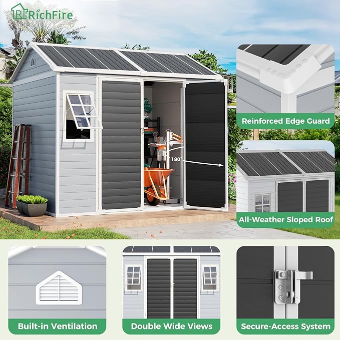 6x8 FT Plastic Storage Sheds Outdoor with Floor and Openable Window, Utility All-Weather Resin Shed Easy to Install, Large Sheds & Outdoor Storage/Tool Shed for Garden & Backyard, Gray