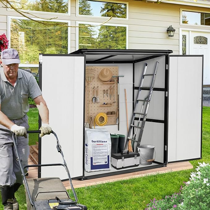 Favfurish c Outdoor Storage Shed Waterproof Resin Cabinet Heavy Duty Metal Sheds, with Lockable Doors,Tool Sheds for Garden,Backyard,Lawn,Bikes and Patio Furniture,Easy Assembly,Gray