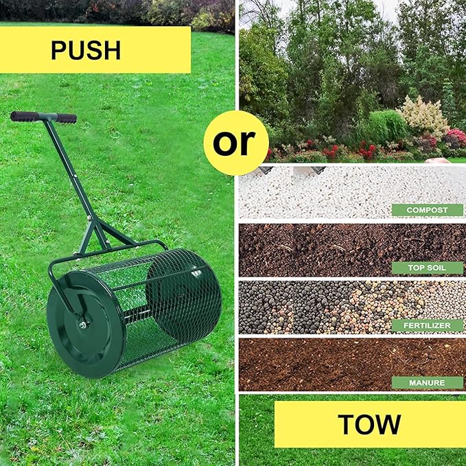Peat Moss Spreaders for Lawns Compost Spreader Roller 24 Inch Heavy Duty Metal Mesh Dirt Topsoil Spreader for Planting Seeding Garden (24"/39"-47" L, Green)