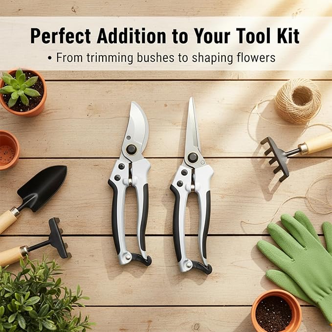 2 Pack Garden Pruning Shears, Heavy Duty Garden Scissors & Clippers for Wood & Tree Trimming, Safety Lock, for Cutting Flowers, Trimming Plants, Picking Fruits (Black and white)